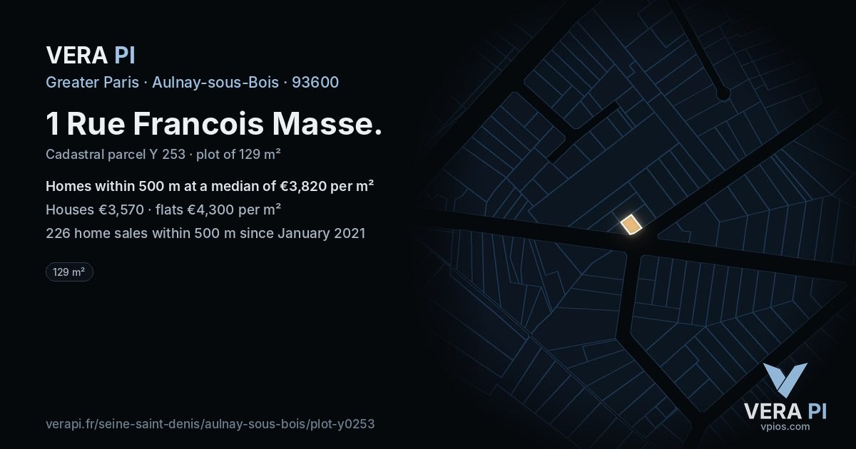 1 Rue Francois Masse, Aulnay-sous-Bois at night – the plot lit, the parcels around coloured by the prices near them