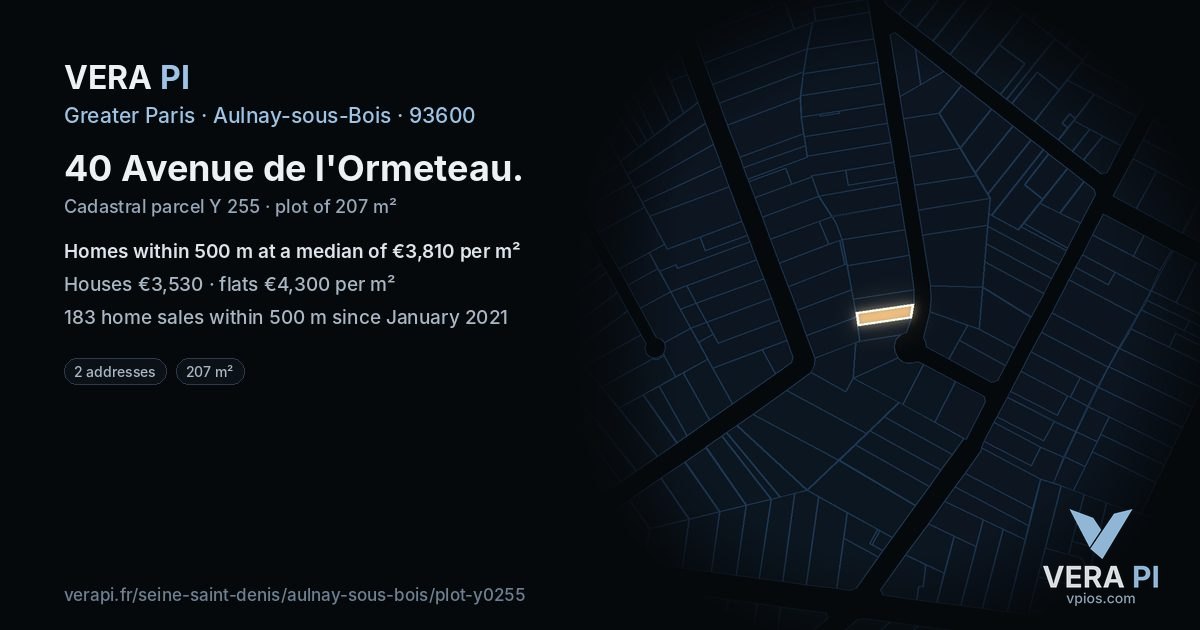 40 Avenue de l'Ormeteau, Aulnay-sous-Bois at night – the plot lit, the parcels around coloured by the prices near them