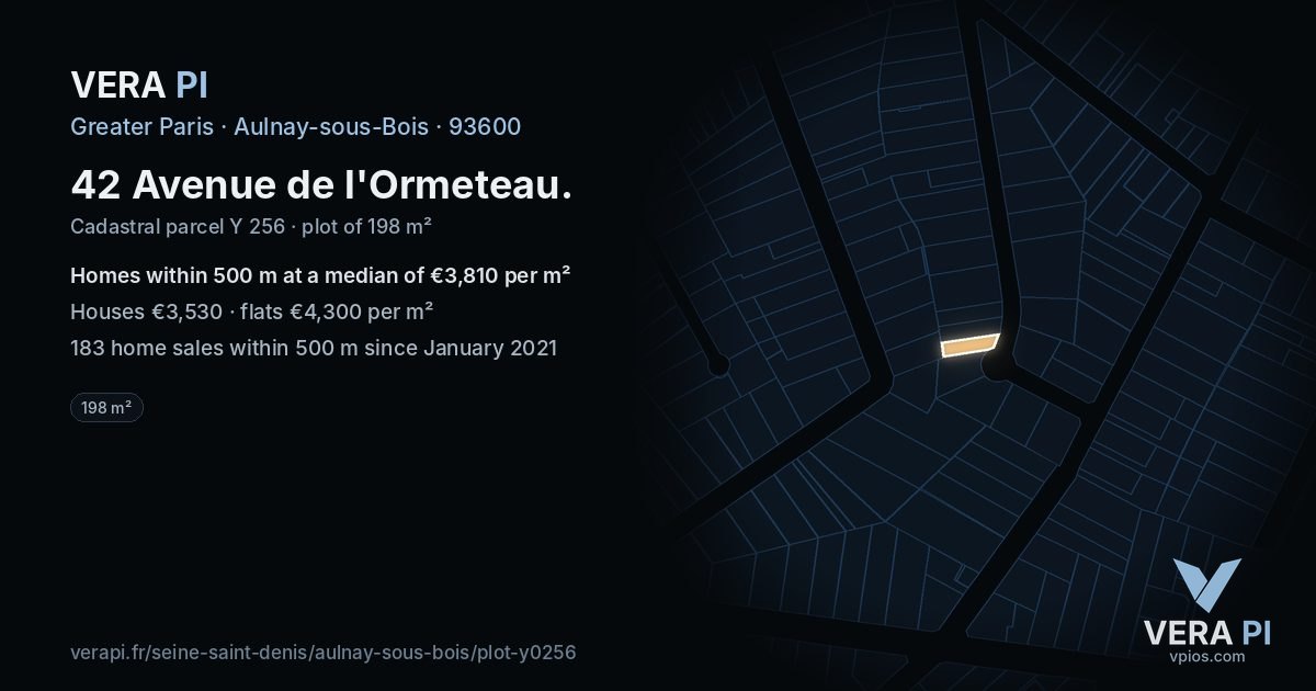 42 Avenue de l'Ormeteau, Aulnay-sous-Bois at night – the plot lit, the parcels around coloured by the prices near them