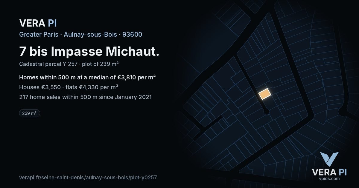 7 bis Impasse Michaut, Aulnay-sous-Bois at night – the plot lit, the parcels around coloured by the prices near them
