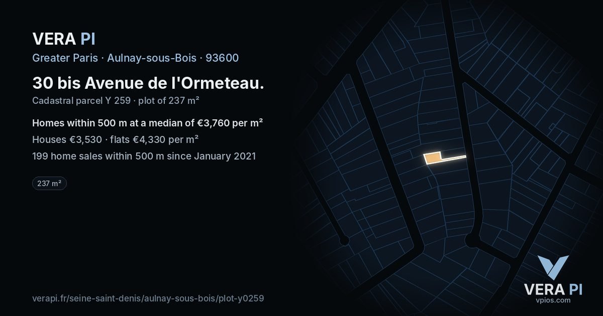 30 bis Avenue de l'Ormeteau, Aulnay-sous-Bois at night – the plot lit, the parcels around coloured by the prices near them