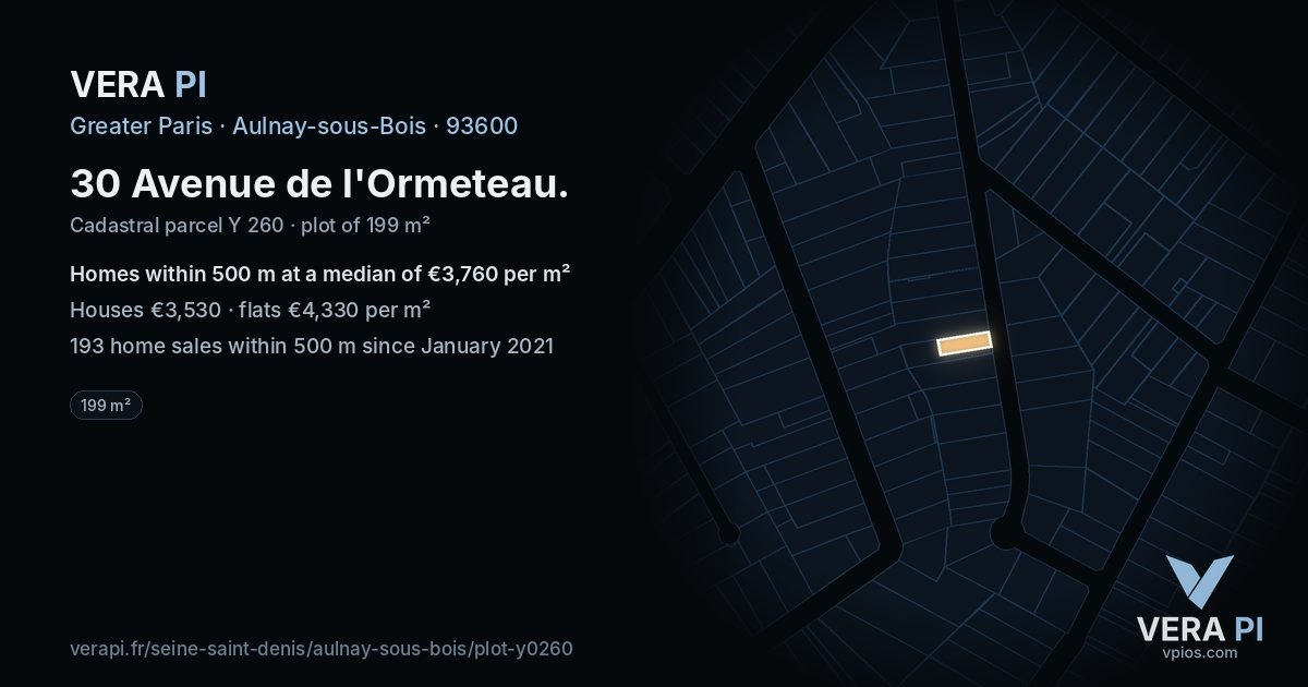 30 Avenue de l'Ormeteau, Aulnay-sous-Bois at night – the plot lit, the parcels around coloured by the prices near them