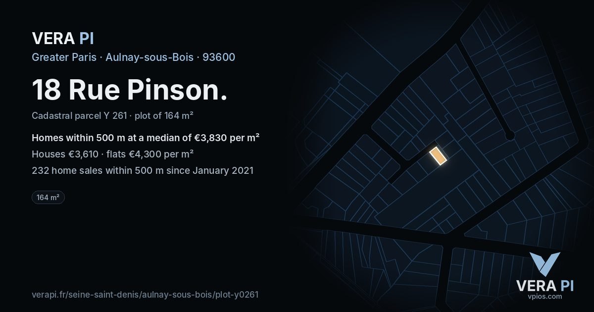 18 Rue Pinson, Aulnay-sous-Bois at night – the plot lit, the parcels around coloured by the prices near them
