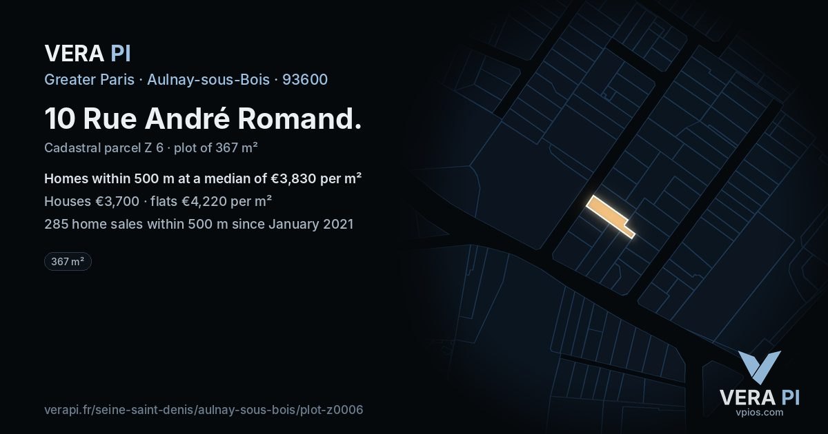 10 Rue André Romand, Aulnay-sous-Bois at night – the plot lit, the parcels around coloured by the prices near them