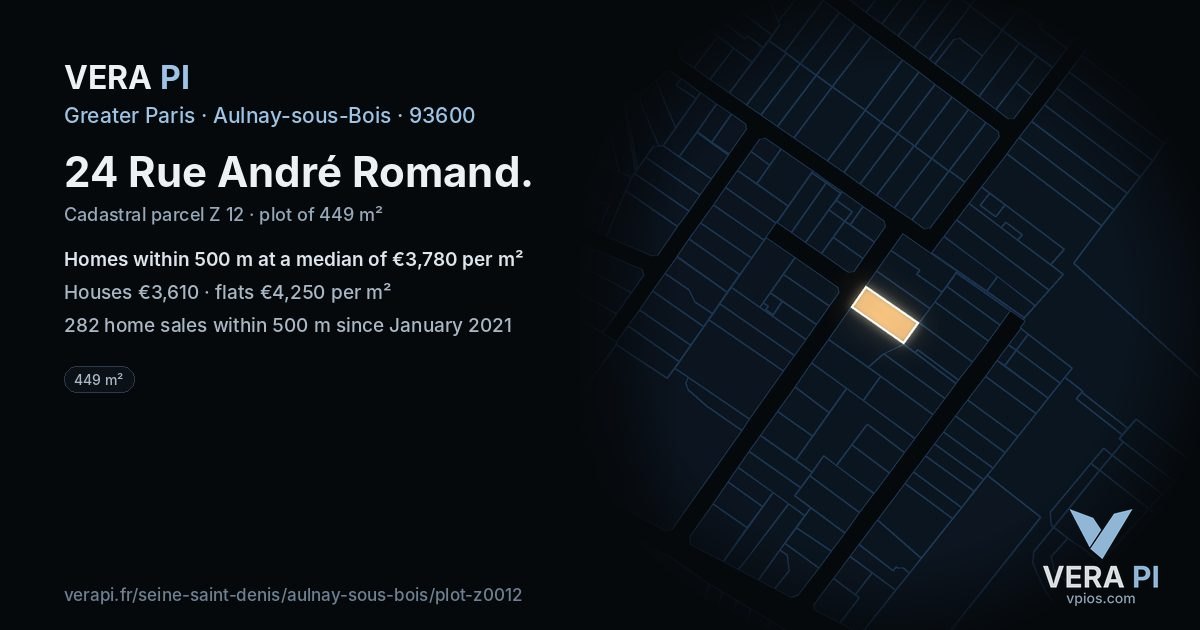 24 Rue André Romand, Aulnay-sous-Bois at night – the plot lit, the parcels around coloured by the prices near them