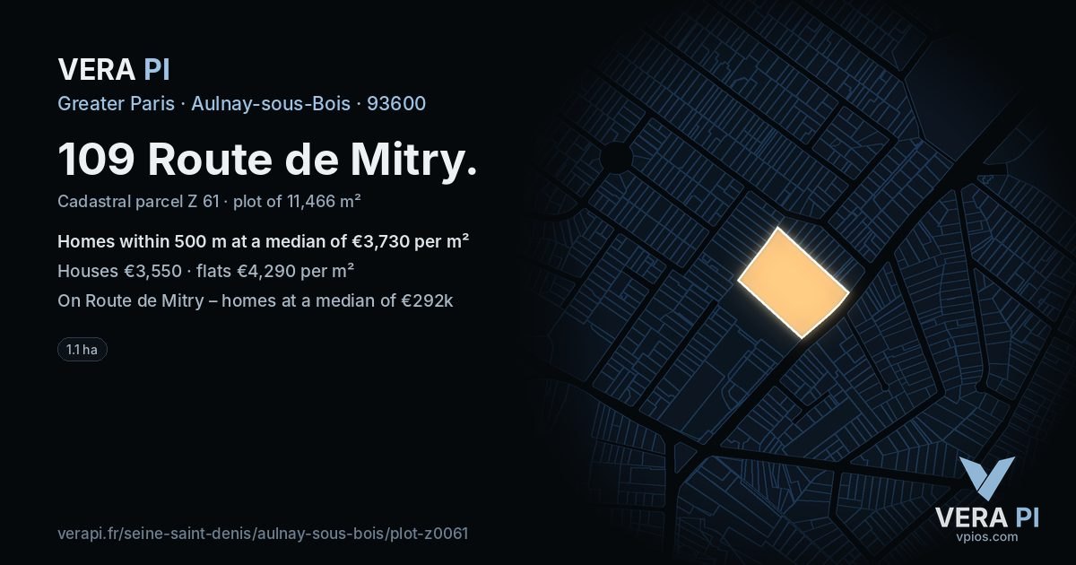 109 Route de Mitry, Aulnay-sous-Bois at night – the plot lit, the parcels around coloured by the prices near them
