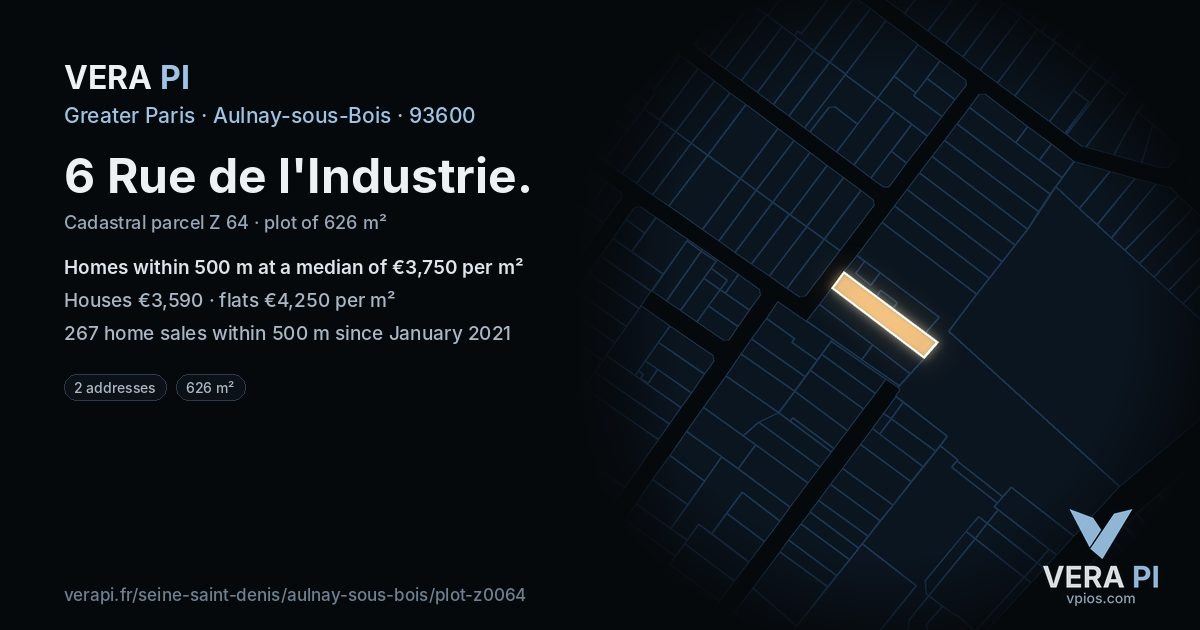 6 Rue de l'Industrie, Aulnay-sous-Bois at night – the plot lit, the parcels around coloured by the prices near them
