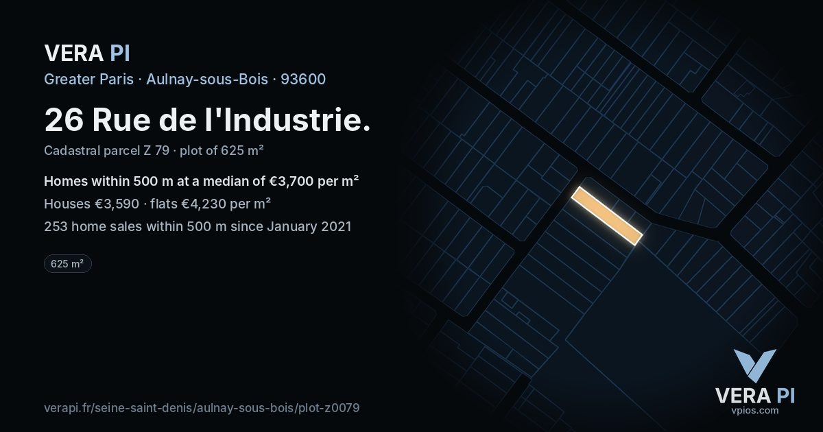 26 Rue de l'Industrie, Aulnay-sous-Bois at night – the plot lit, the parcels around coloured by the prices near them