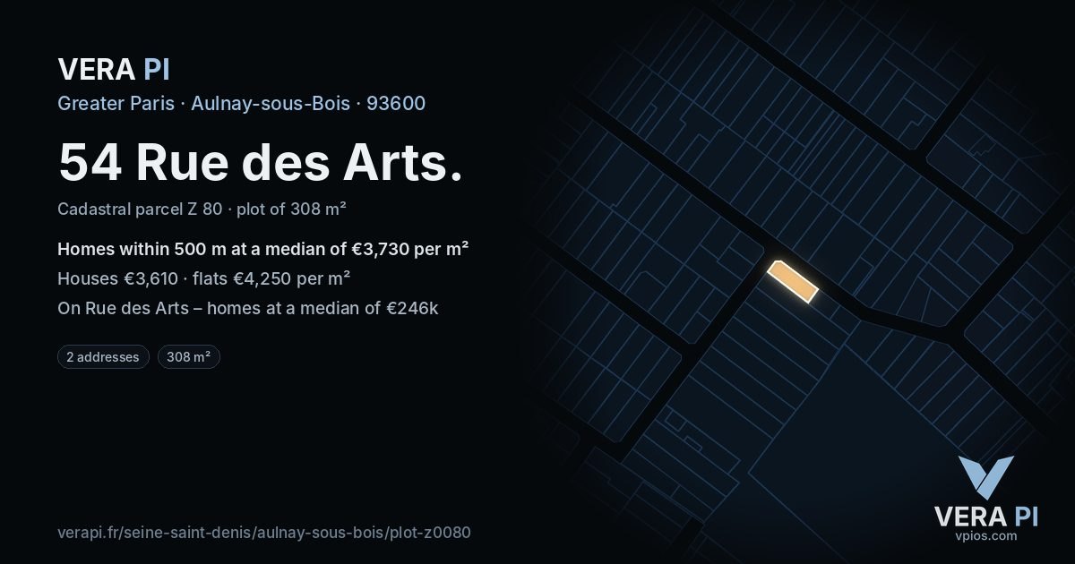 54 Rue des Arts, Aulnay-sous-Bois at night – the plot lit, the parcels around coloured by the prices near them