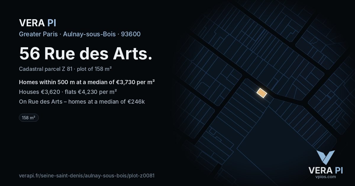 56 Rue des Arts, Aulnay-sous-Bois at night – the plot lit, the parcels around coloured by the prices near them