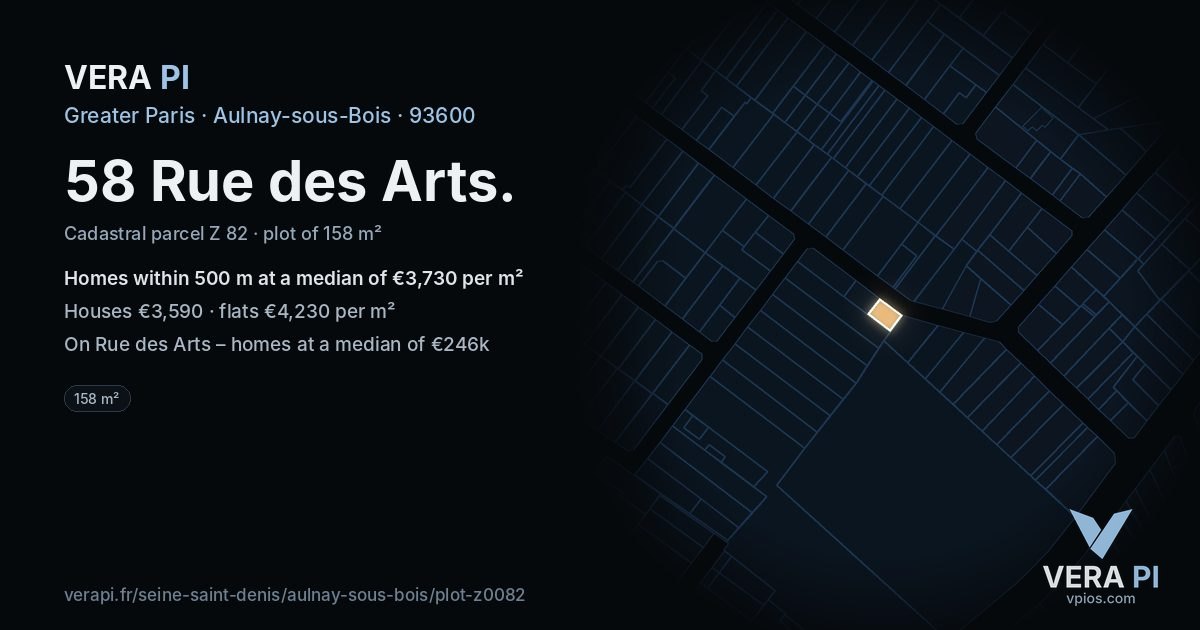 58 Rue des Arts, Aulnay-sous-Bois at night – the plot lit, the parcels around coloured by the prices near them