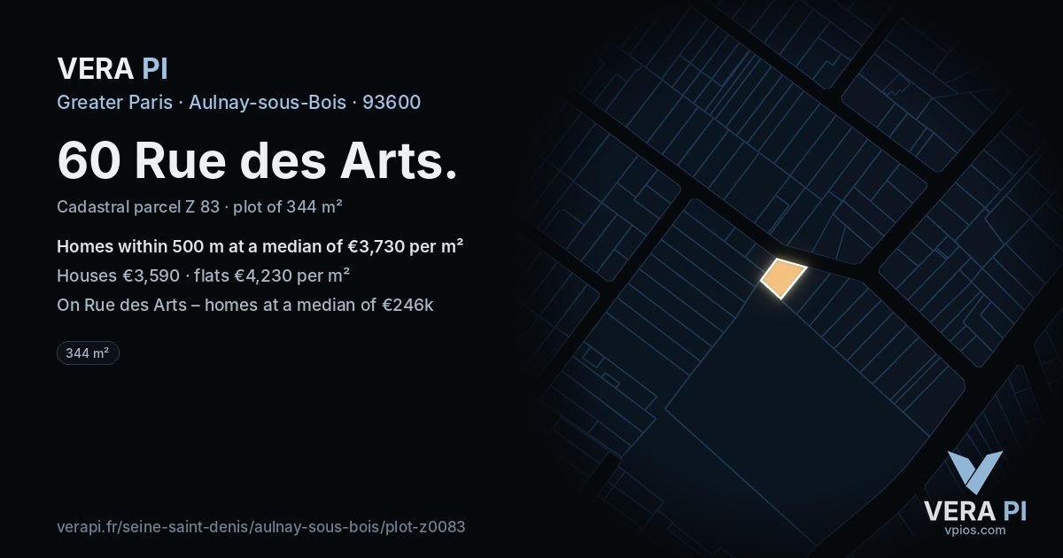 60 Rue des Arts, Aulnay-sous-Bois at night – the plot lit, the parcels around coloured by the prices near them