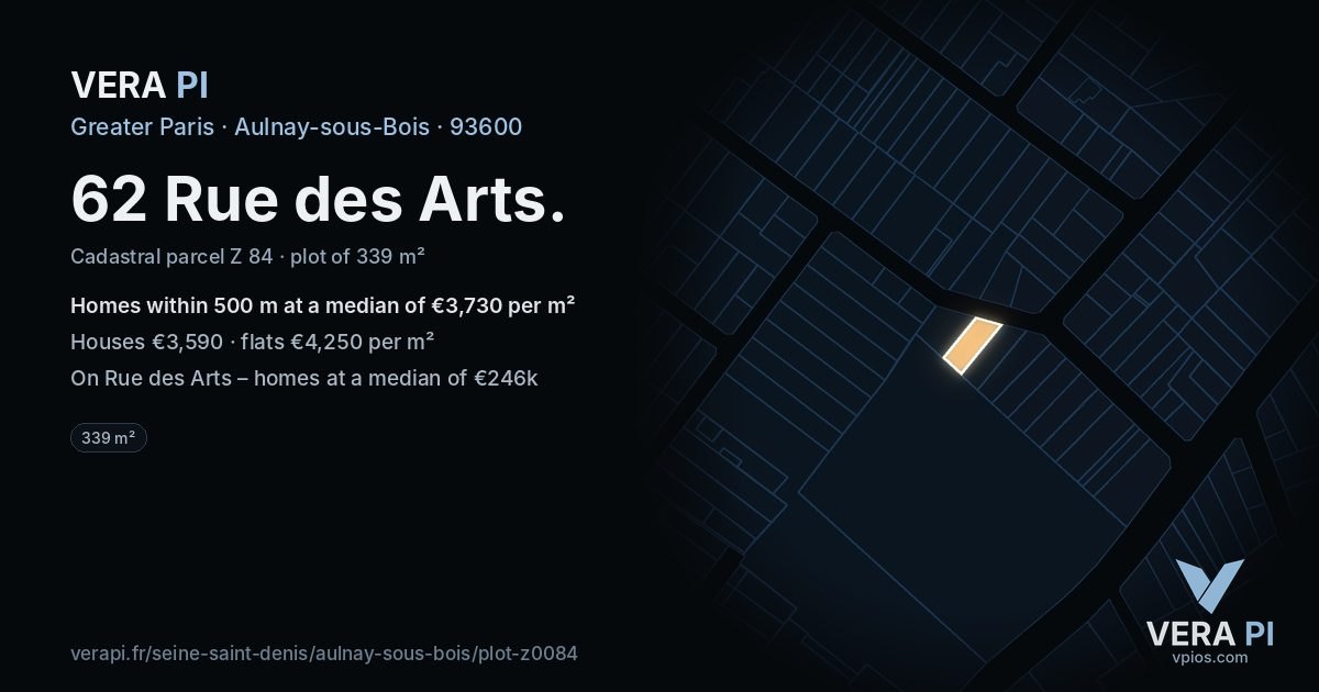 62 Rue des Arts, Aulnay-sous-Bois at night – the plot lit, the parcels around coloured by the prices near them