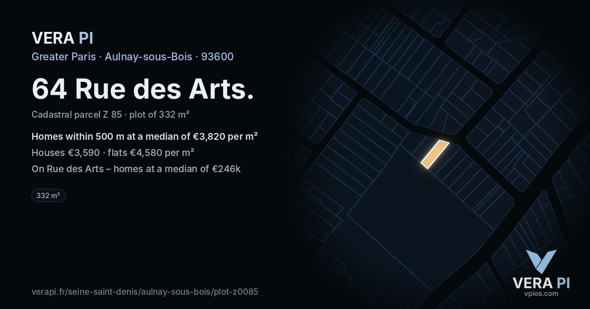 64 Rue des Arts, Aulnay-sous-Bois at night – the plot lit, the parcels around coloured by the prices near them