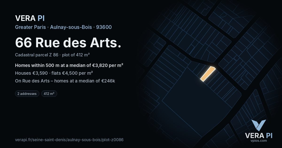 66 Rue des Arts, Aulnay-sous-Bois at night – the plot lit, the parcels around coloured by the prices near them