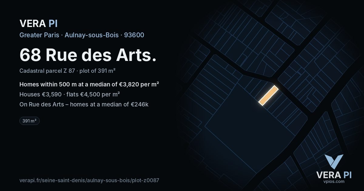 68 Rue des Arts, Aulnay-sous-Bois at night – the plot lit, the parcels around coloured by the prices near them