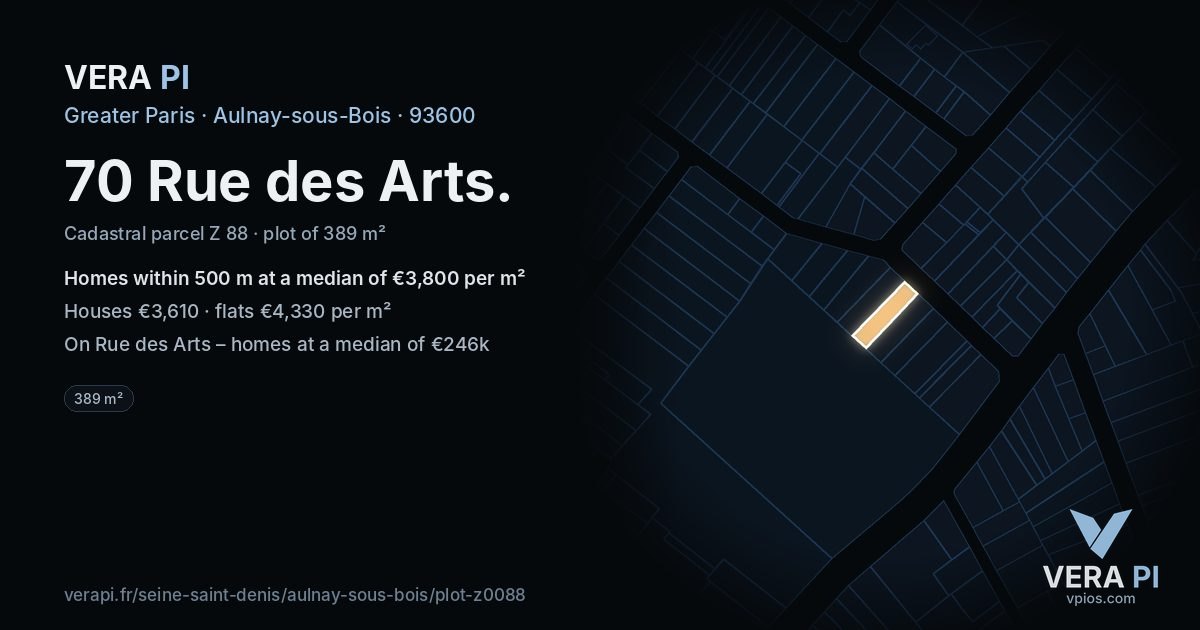 70 Rue des Arts, Aulnay-sous-Bois at night – the plot lit, the parcels around coloured by the prices near them