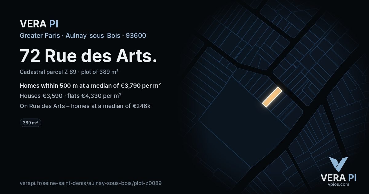 72 Rue des Arts, Aulnay-sous-Bois at night – the plot lit, the parcels around coloured by the prices near them