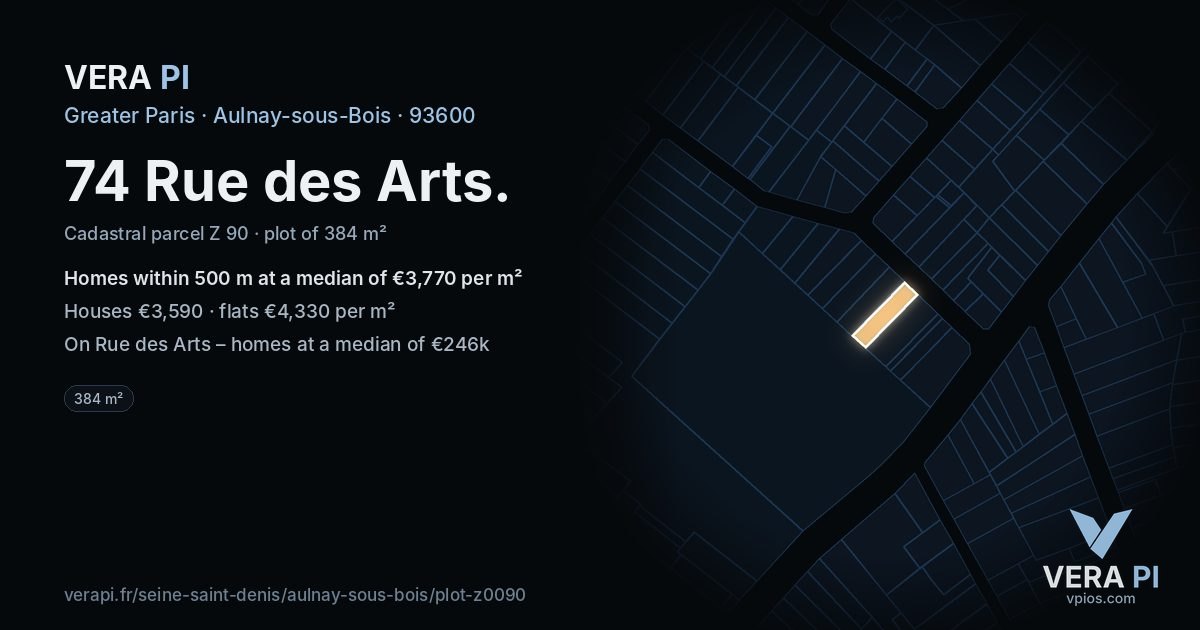 74 Rue des Arts, Aulnay-sous-Bois at night – the plot lit, the parcels around coloured by the prices near them