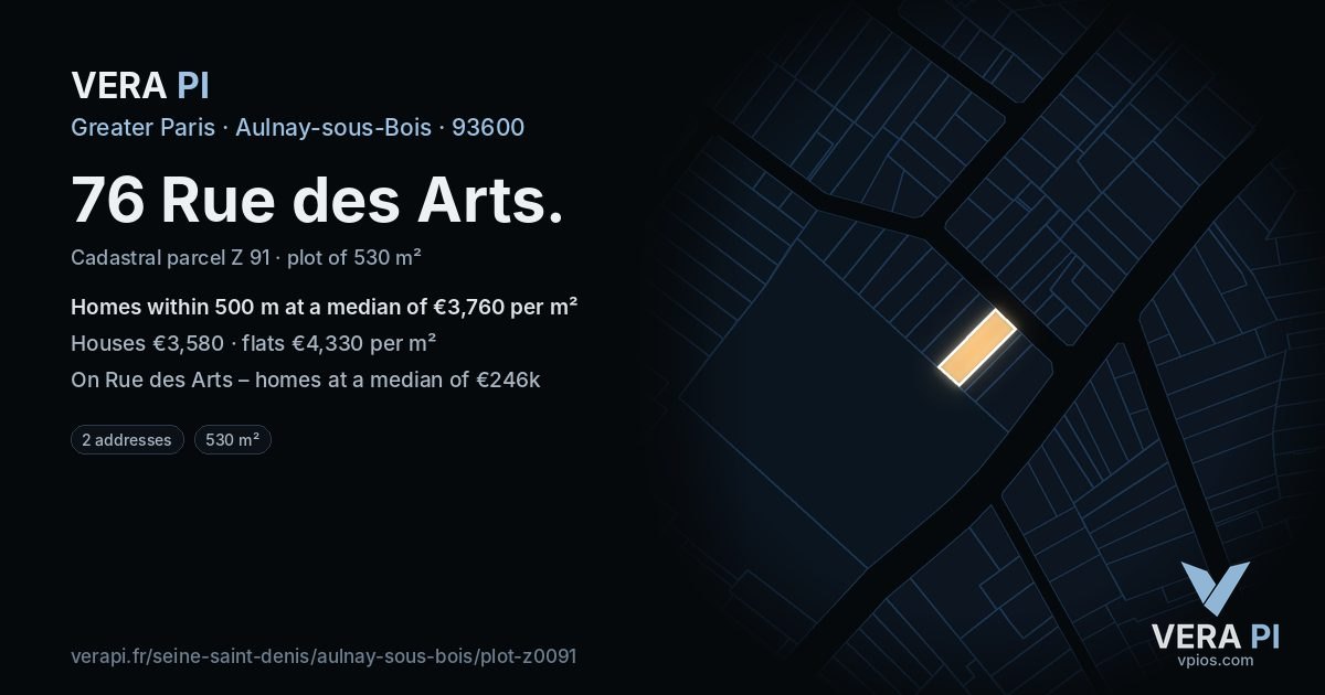 76 Rue des Arts, Aulnay-sous-Bois at night – the plot lit, the parcels around coloured by the prices near them