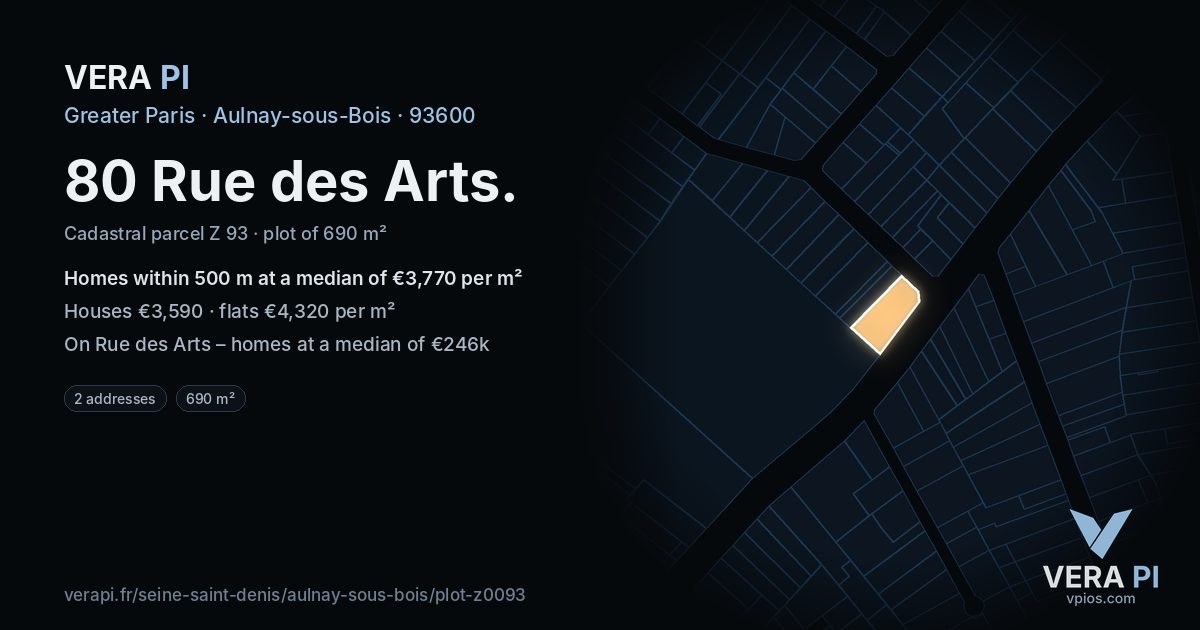 80 Rue des Arts, Aulnay-sous-Bois at night – the plot lit, the parcels around coloured by the prices near them