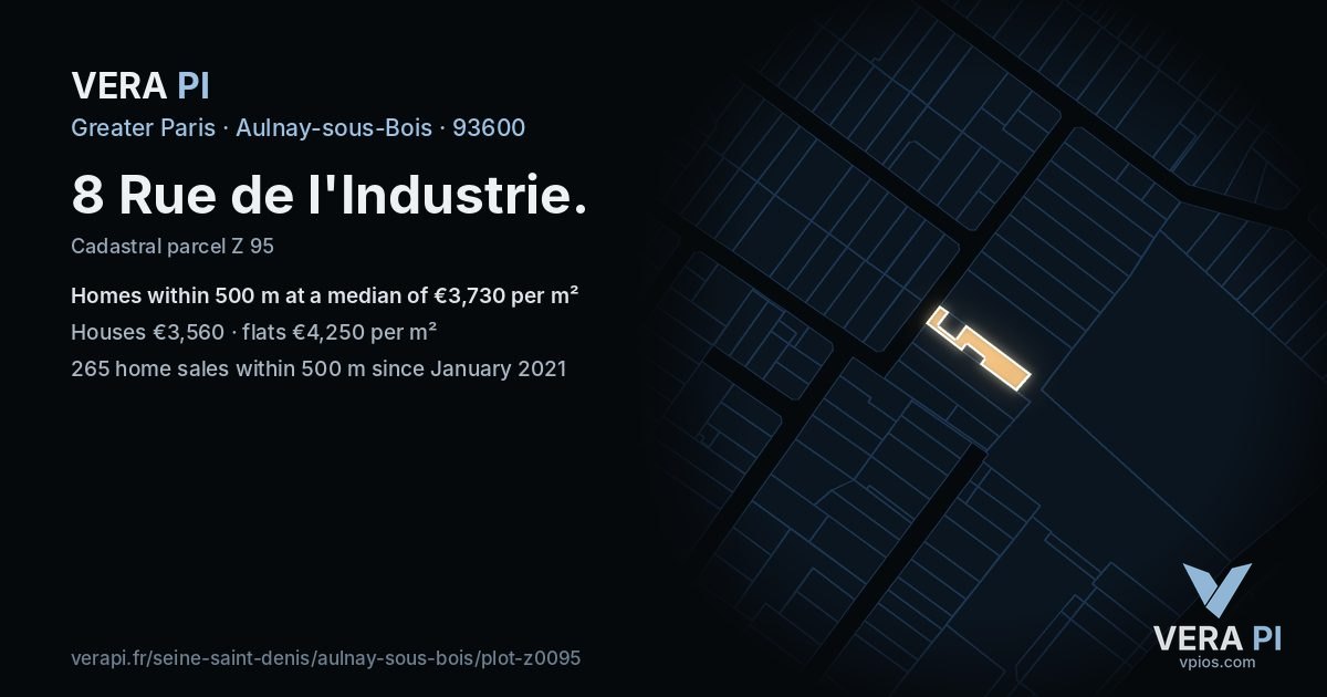 8 Rue de l'Industrie, Aulnay-sous-Bois at night – the plot lit, the parcels around coloured by the prices near them