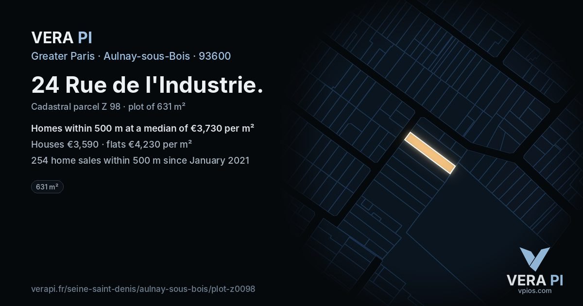 24 Rue de l'Industrie, Aulnay-sous-Bois at night – the plot lit, the parcels around coloured by the prices near them