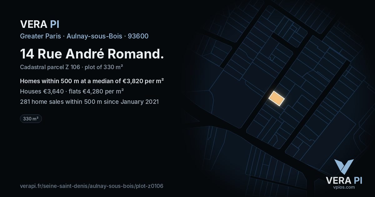 14 Rue André Romand, Aulnay-sous-Bois at night – the plot lit, the parcels around coloured by the prices near them