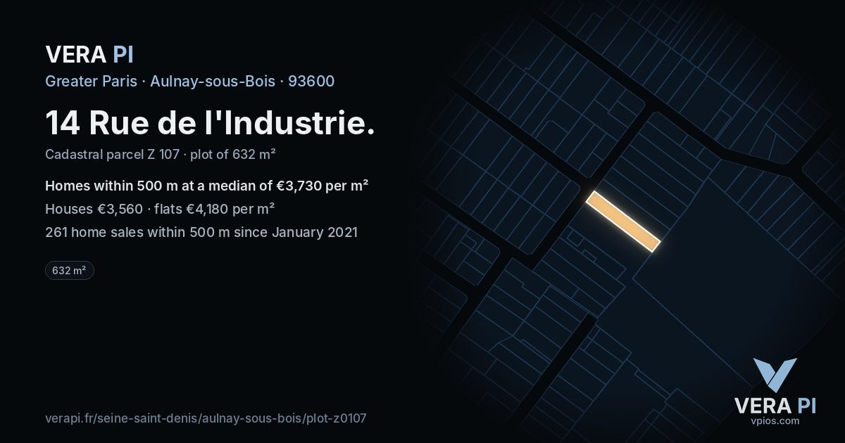14 Rue de l'Industrie, Aulnay-sous-Bois at night – the plot lit, the parcels around coloured by the prices near them
