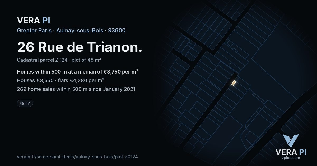 26 Rue de Trianon, Aulnay-sous-Bois at night – the plot lit, the parcels around coloured by the prices near them