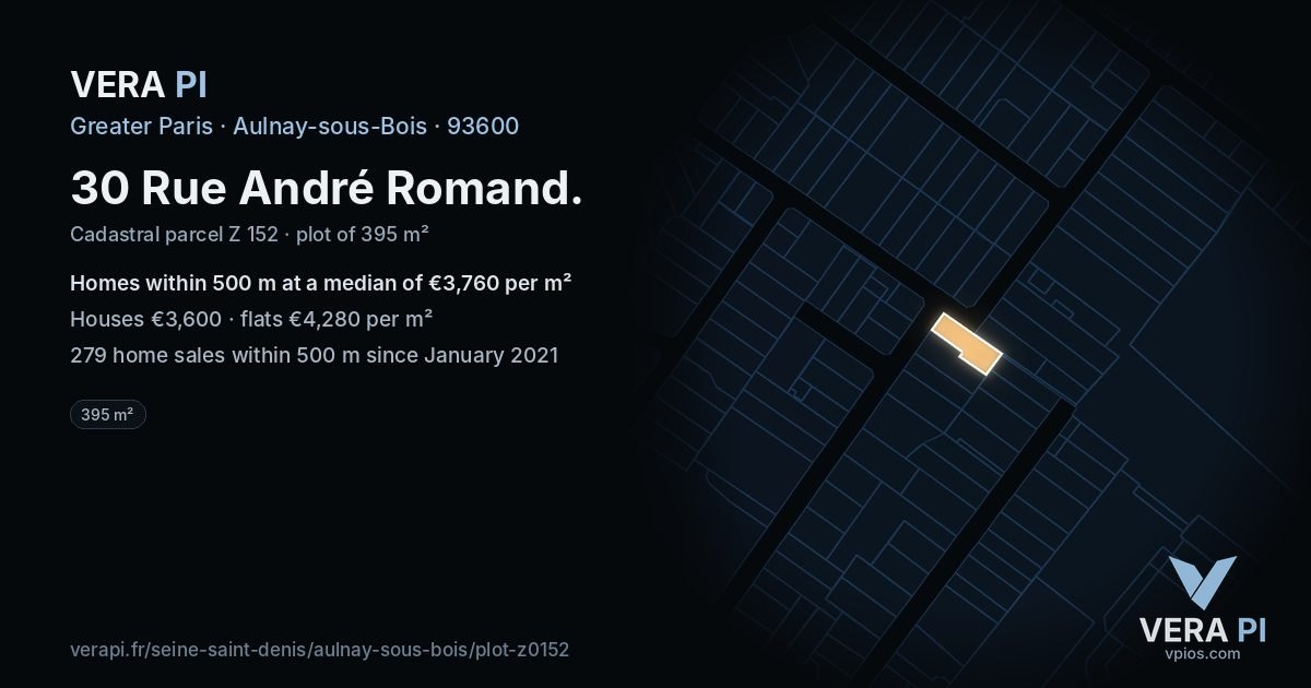 30 Rue André Romand, Aulnay-sous-Bois at night – the plot lit, the parcels around coloured by the prices near them