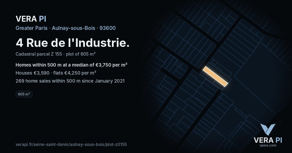 4 Rue de l'Industrie, Aulnay-sous-Bois at night – the plot lit, the parcels around coloured by the prices near them