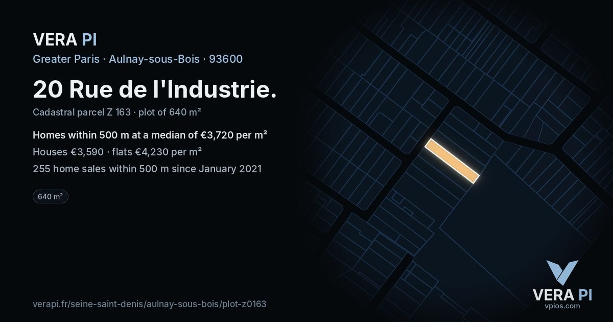 20 Rue de l'Industrie, Aulnay-sous-Bois at night – the plot lit, the parcels around coloured by the prices near them