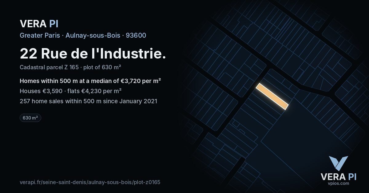 22 Rue de l'Industrie, Aulnay-sous-Bois at night – the plot lit, the parcels around coloured by the prices near them