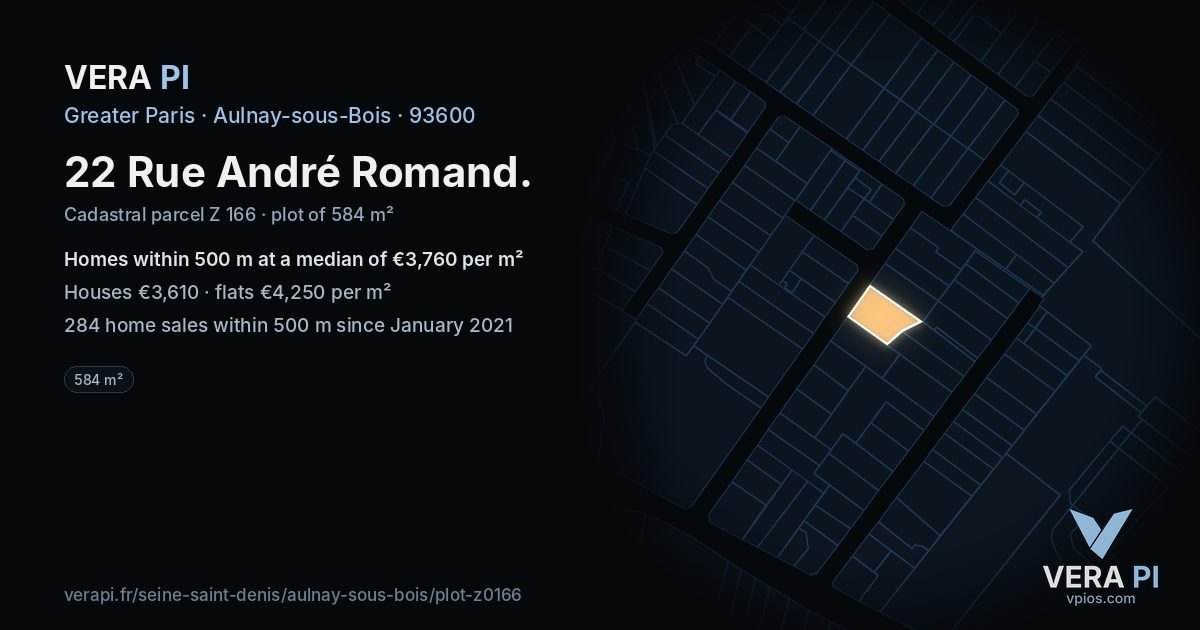 22 Rue André Romand, Aulnay-sous-Bois at night – the plot lit, the parcels around coloured by the prices near them
