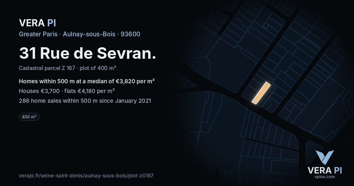 31 Rue de Sevran, Aulnay-sous-Bois at night – the plot lit, the parcels around coloured by the prices near them