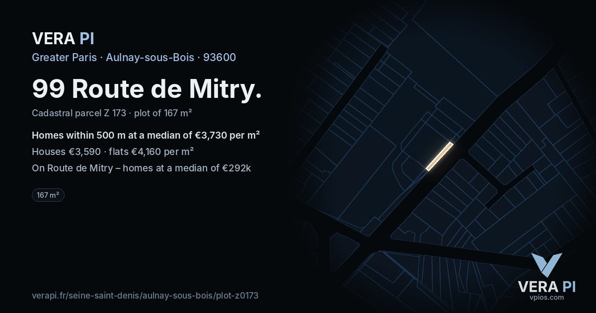 99 Route de Mitry, Aulnay-sous-Bois at night – the plot lit, the parcels around coloured by the prices near them