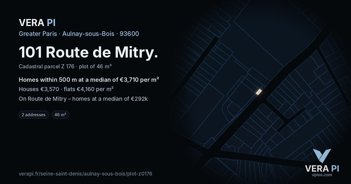 101 Route de Mitry, Aulnay-sous-Bois at night – the plot lit, the parcels around coloured by the prices near them
