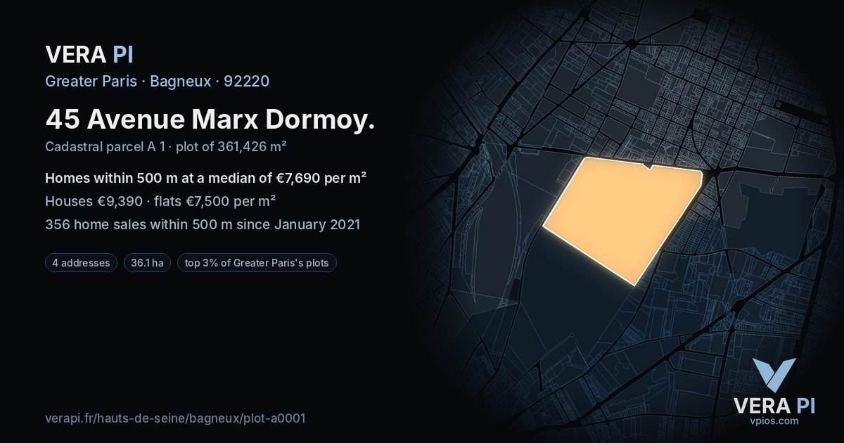 45 Avenue Marx Dormoy, Bagneux at night – the plot lit, the parcels around coloured by the prices near them