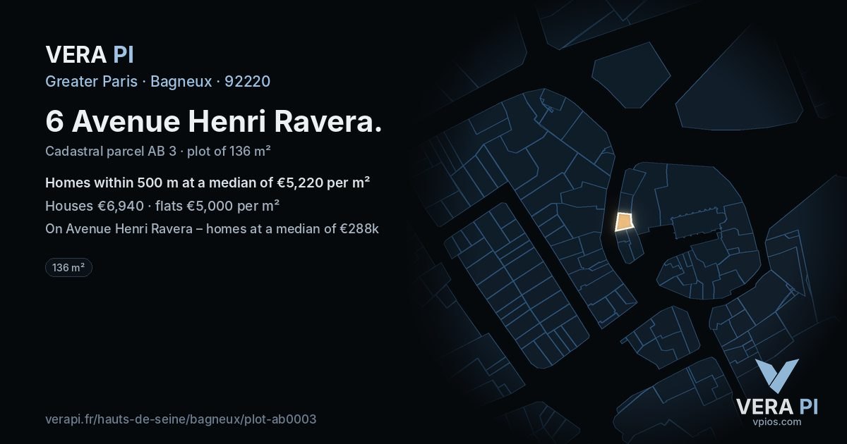 6 Avenue Henri Ravera, Bagneux at night – the plot lit, the parcels around coloured by the prices near them