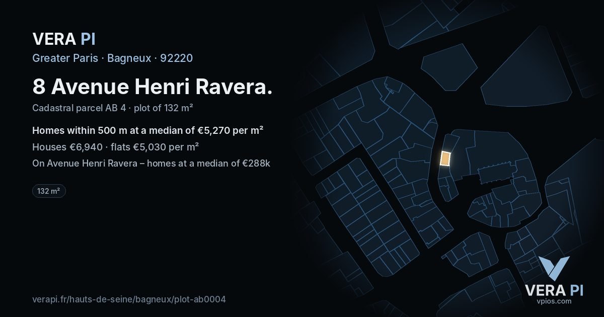 8 Avenue Henri Ravera, Bagneux at night – the plot lit, the parcels around coloured by the prices near them