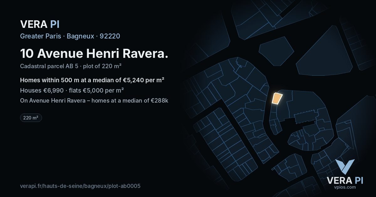 10 Avenue Henri Ravera, Bagneux at night – the plot lit, the parcels around coloured by the prices near them