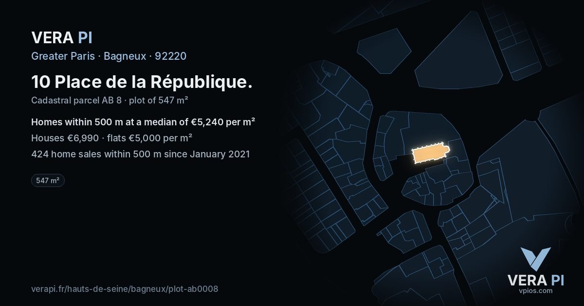 10 Place de la République, Bagneux at night – the plot lit, the parcels around coloured by the prices near them