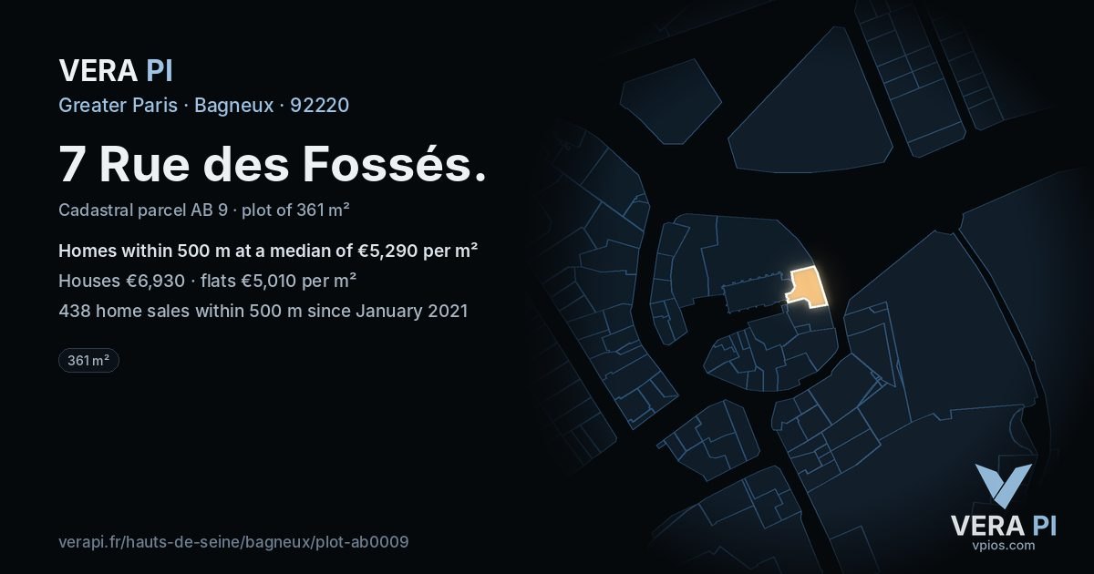 7 Rue des Fossés, Bagneux at night – the plot lit, the parcels around coloured by the prices near them