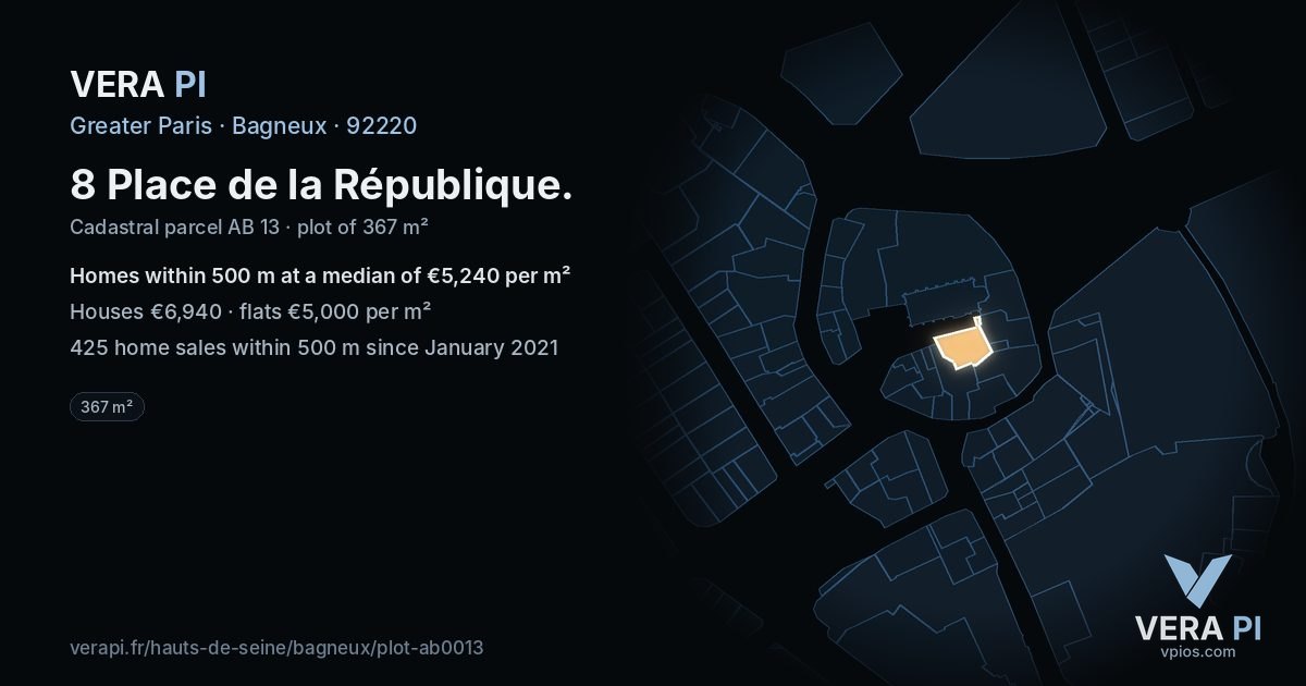 8 Place de la République, Bagneux at night – the plot lit, the parcels around coloured by the prices near them