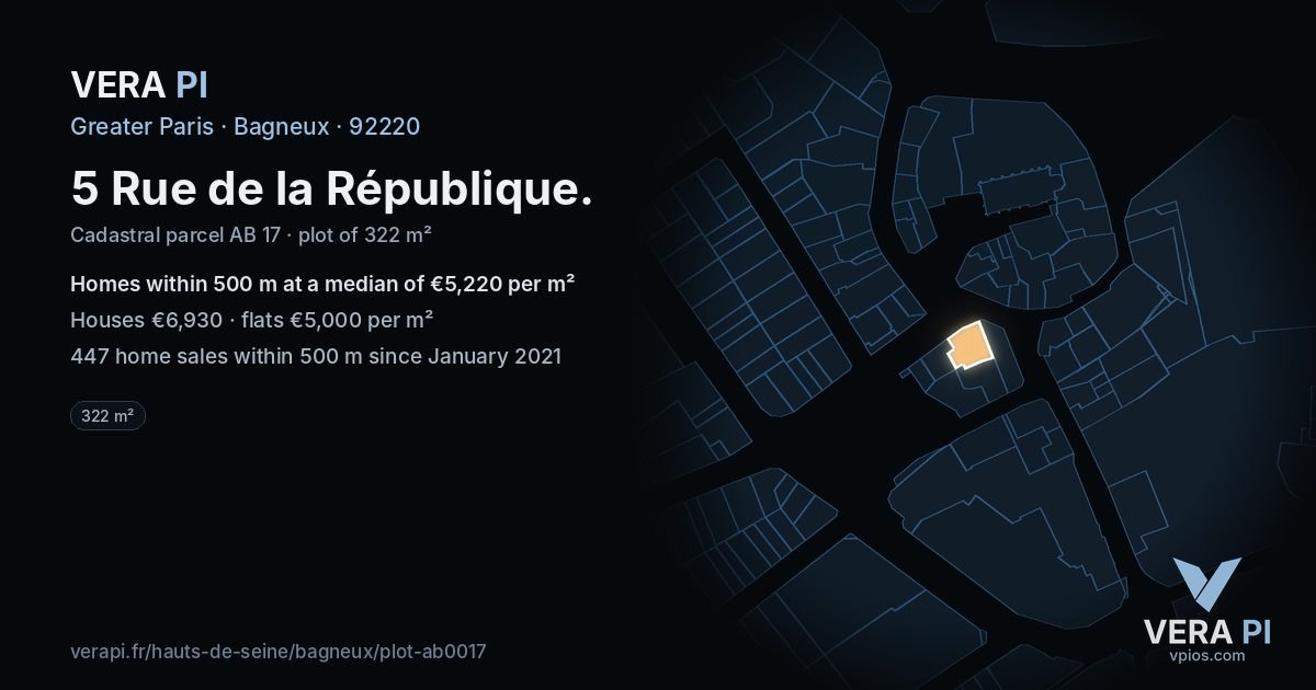 5 Rue de la République, Bagneux at night – the plot lit, the parcels around coloured by the prices near them