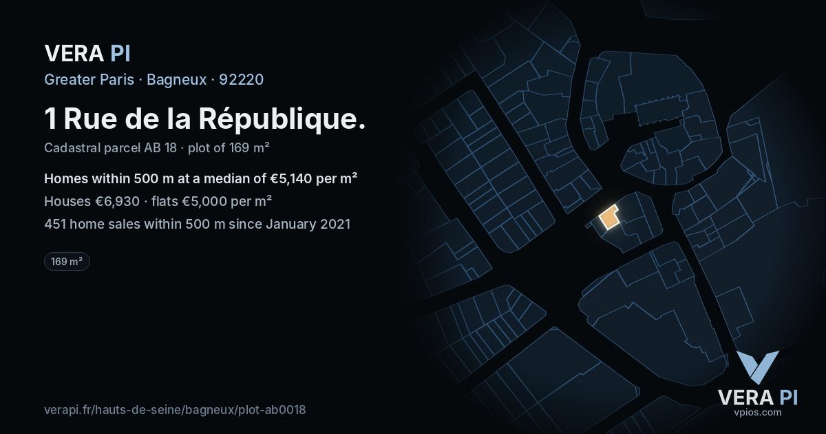 1 Rue de la République, Bagneux at night – the plot lit, the parcels around coloured by the prices near them