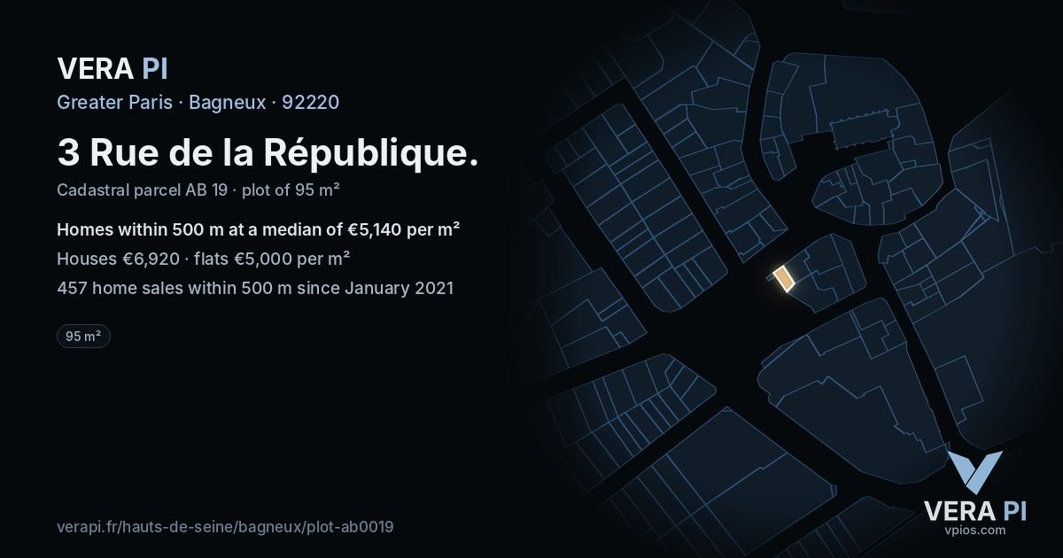 3 Rue de la République, Bagneux at night – the plot lit, the parcels around coloured by the prices near them