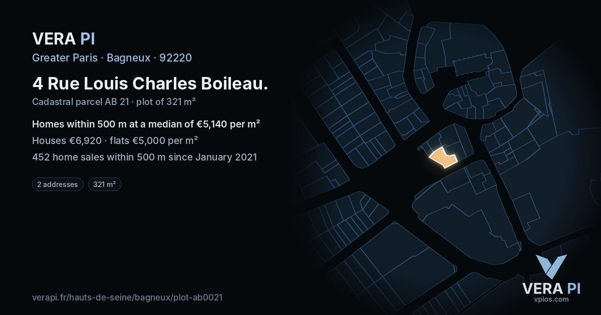 4 Rue Louis Charles Boileau, Bagneux at night – the plot lit, the parcels around coloured by the prices near them