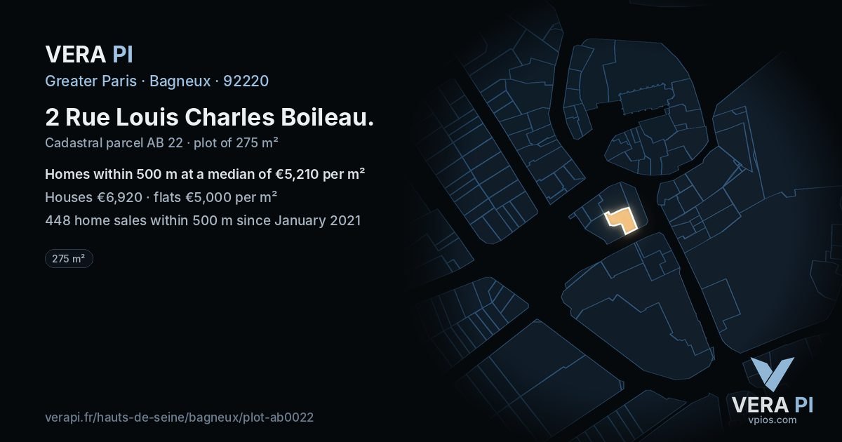 2 Rue Louis Charles Boileau, Bagneux at night – the plot lit, the parcels around coloured by the prices near them